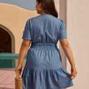Women's Plus Size Denim Dress Short Sleeve V Neck Short Dress Ruffle Hem Boho Casual Jean Dresses (Blue, XL)