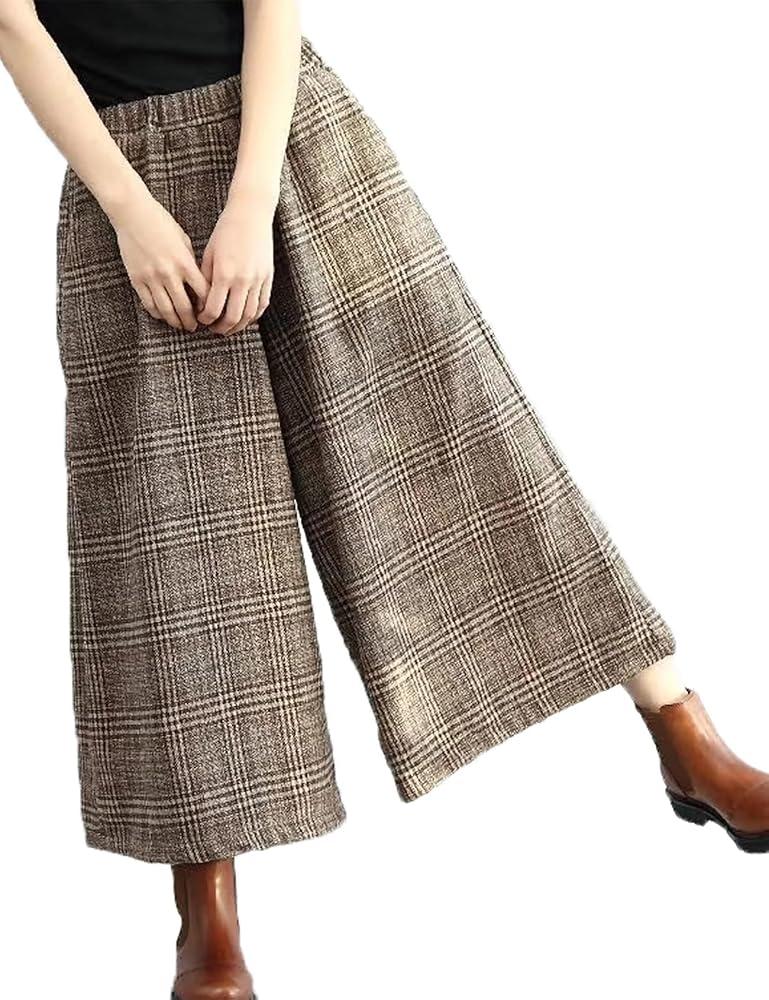Womens Spring Fall Fashion Retro Loose Plaid Wool Blend Wide Leg Cropped Pants Culottes 3XL