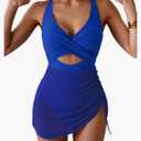 B2prity Women Mesh One Piece Swimdress Swimsuit Tummy Control V Neck Cutout Bathing Suit Wrap Drawstring Sarong Swimwear, M