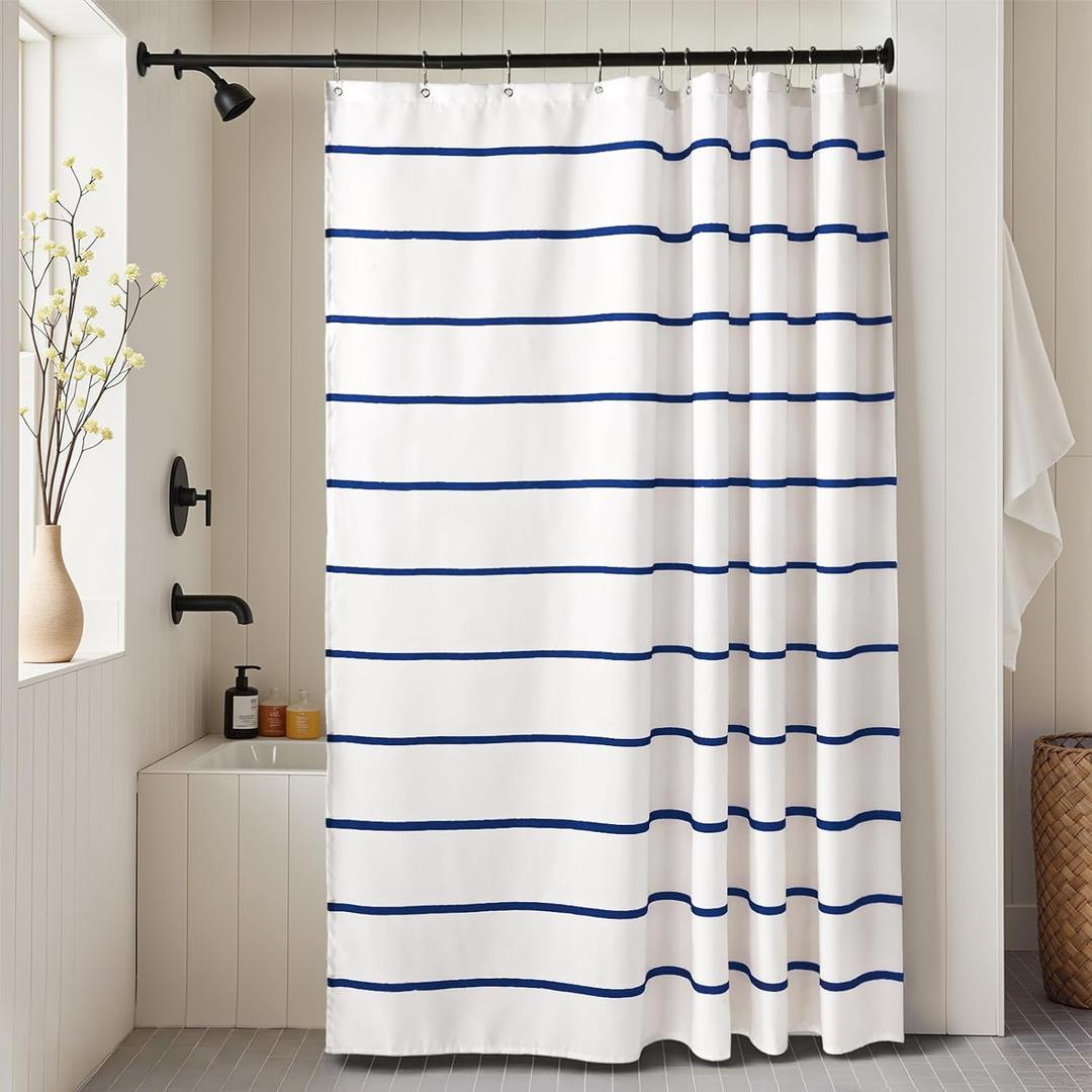 Navy Blue and White Striped Shower Curtain Set with Hooks, Waterproof Polyester Fabric, Printed Hand-Drawn Stripe Design, Coastal Modern Farmhouse Bathroom Decor, 72" x 72"