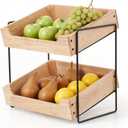 LIBKEN 2-Tier Fruit Basket Countertop Organizer Rubberwood & Metal Fruit Stand Minimal Scandinavian Design Storage for Fruits, Vegetables, Bread & Snacks Airflow Design, Easy Assembly