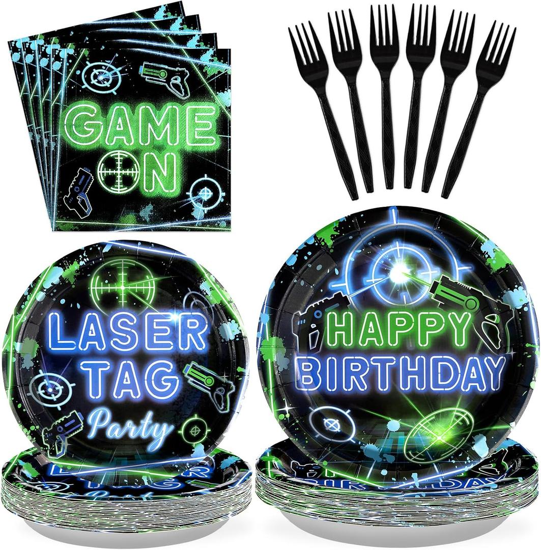 96PCS Laser Tag Birthday Party Decorations Laser Tag Party Plates Disposable Green Blue Laser Party Tableware Set for Kids Boys Girls Neon Glow Laser Tag Game Birthday Decorations, Serves 2
