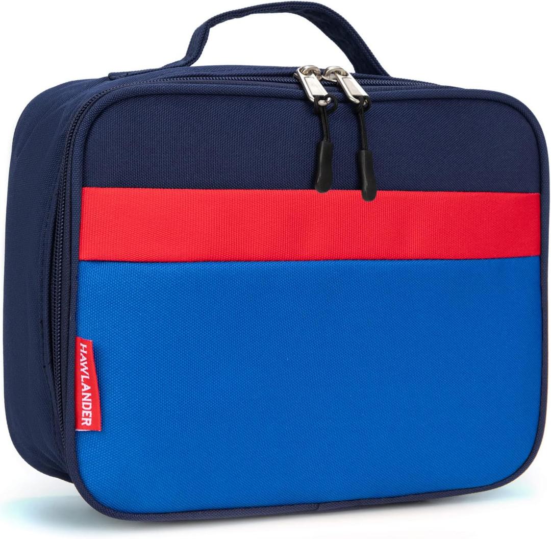 HawLander Insulated Kids Lunch Box Bag for Boys and Girls, with Side Bottle Holder, Navy-Blue