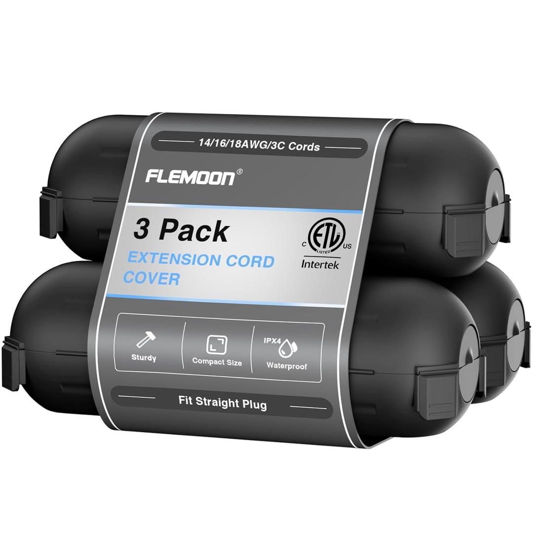 Flemoon [3 Pack] Outdoor Extension Cord Safety Cover with Waterproof Seal, Weatherproof Electrical Connection Box to Protect Outdoor Outlet, Plug, Socket, Christmas Holiday Decoration Light, Black