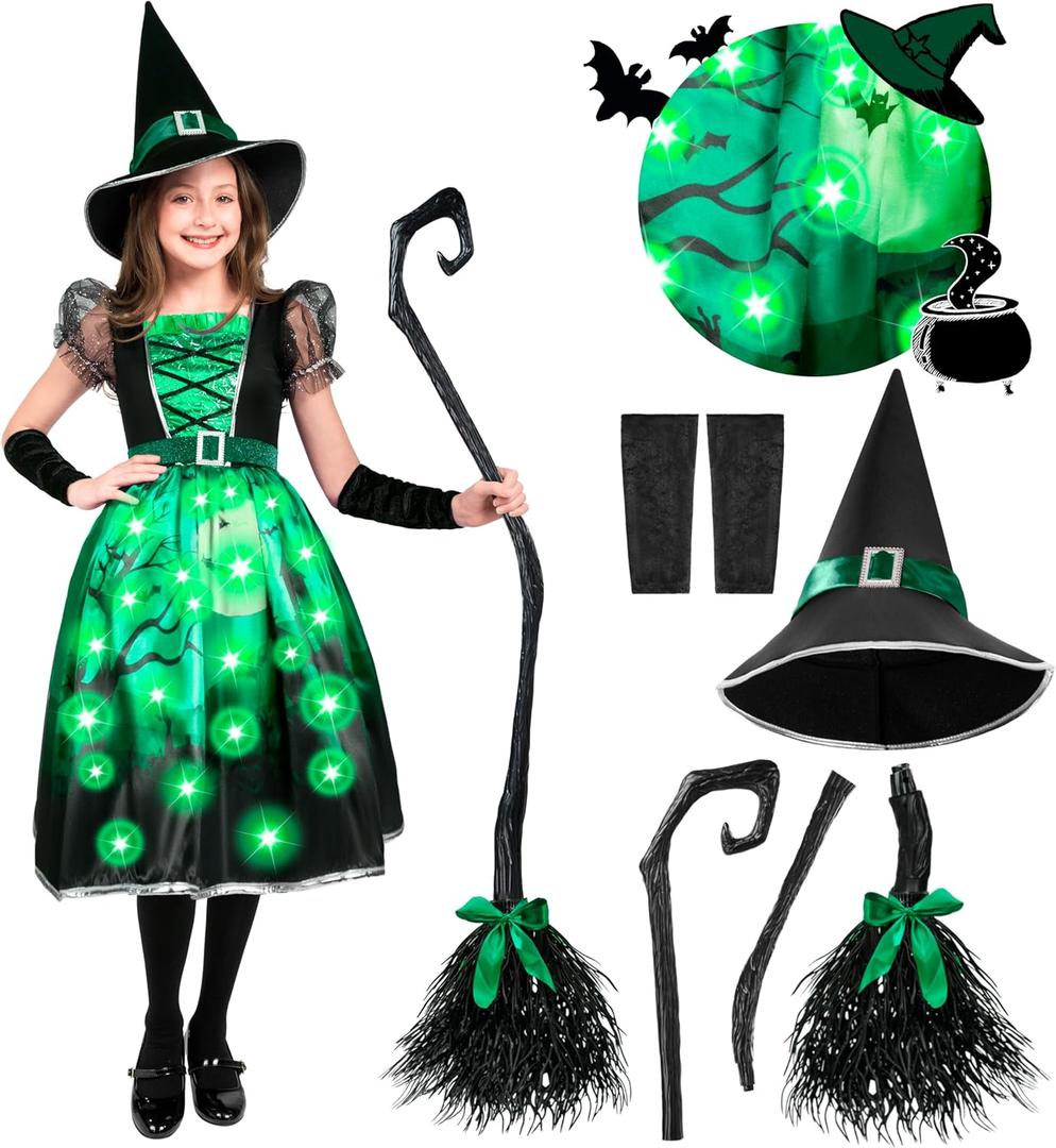 Spooktacular Creations Light-up Witch Costume for Girls, Toddlers Print Witch Outfit Set for Kids Halloween Dress Up Parties (Small (5-7 yrs), Green)