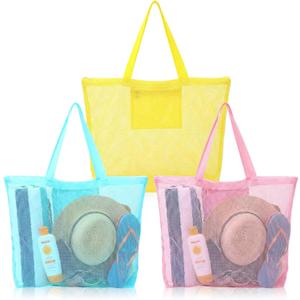 3 Pcs Mesh Beach Bags Portable Mesh Shower Beach Toy Bag With Drawstring Extra Large Tote Hanging Toiletry Bath Organizer for Camping Swimming Gym Travel