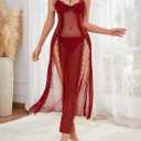 Foxiny Sexy Side Split Long Lace Sheer Lingerie Dress V Neck Night Gowns with Thong 2 Piece Set (Red, XXL)