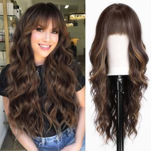 HAIRCUBE Brown Wig with Bangs for Women Brown and Blonde Long Wavy Hair Wig Wig Curly Wavy Synthetic Wigs for Girls Daily Party Use