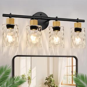 MOKATNG Bathroom Light Fixtures, 4-Light Coastal Vanity Lights with Crystal Glass Shade, Black Bathroom Wall Lamp for Mirror Kitchen Hallway Cabinet