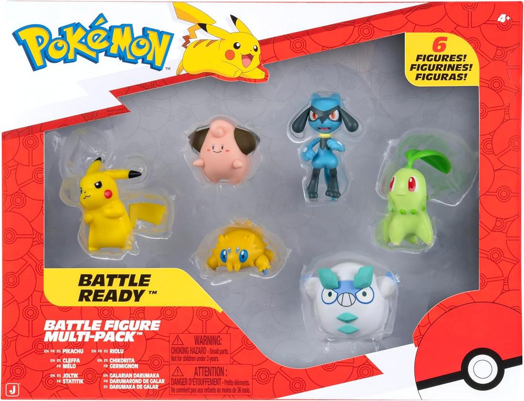 Pokmon Battle Figure 6 Pack - Features 2-Inch Pikachu, Joltik, Galarian Darumaka, Riolu, Chikorita and Cleffa Battle Figures