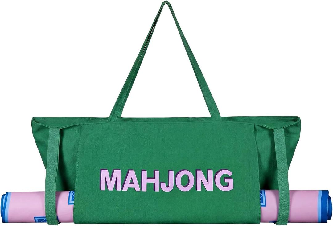 Abbylike 28x9 Inches Mahjong Bag for Rolled Mat Tiles Racks Pushers Accessories Empty Mahjong Tote Bag with Zipper Closure Outer Pockets Lining Large Capacity(Green,Canvas)