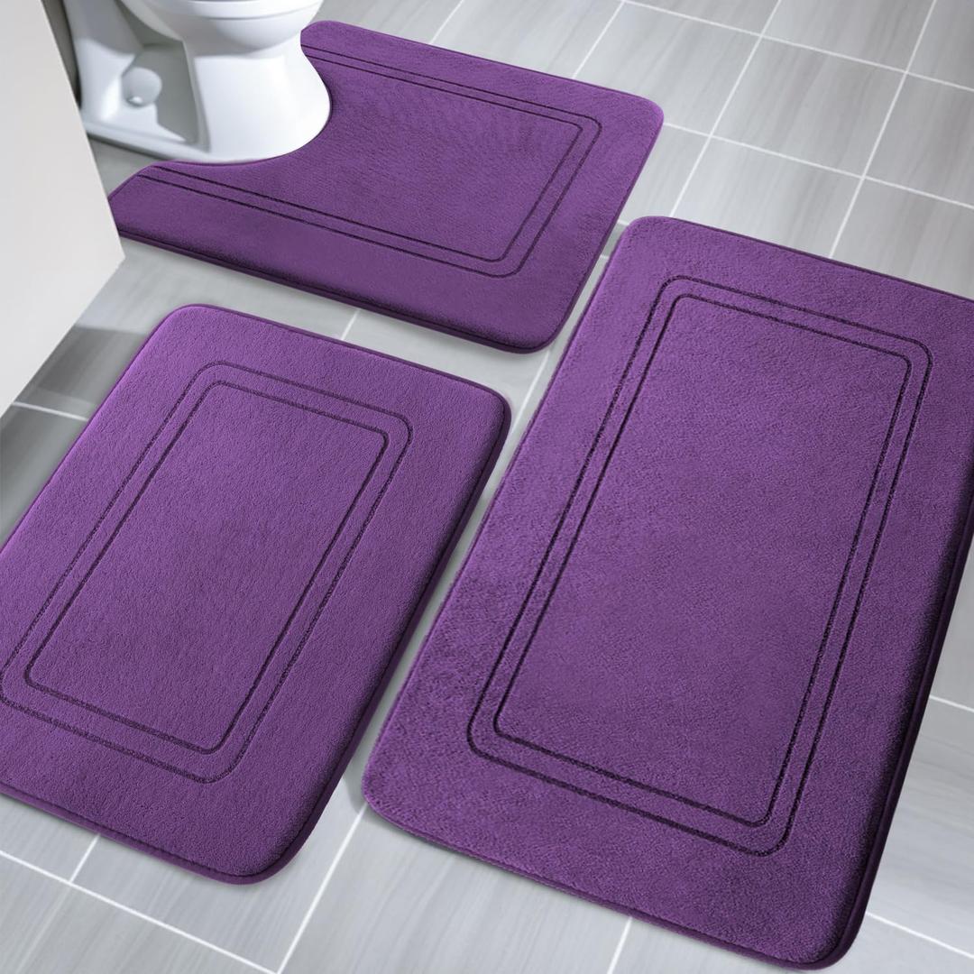 YIHOUSE Memory Foam Bath Mat Set, Bathroom Rugs Sets 3 Pieces, Non Slip Bath Mats for Bathroom, Super Soft and Water Absorbent Bath Rug Set, Machine Washable U Shape Toilet Rug,Purple