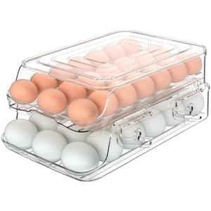 GleeNflux Egg Holder for Fridge, Foldable Automatic Rolling Egg Container for Refrigerator, Stackable Large-Capacity Egg Organizer Tray, Durable Clear Plastic Dispenser (3 dozens)