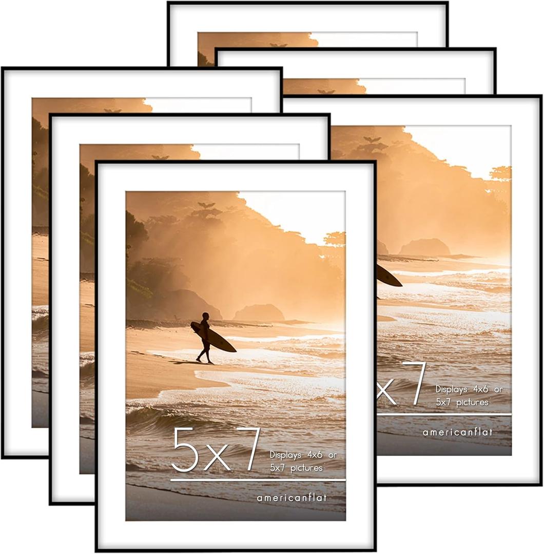 Americanflat Front Loading 5x7 Picture Frame with Shatter-Resistant Glass - Set of 6 - Use as 4x6 Frame with Mat - Metropolitan Collection - Photo Frame for Tabletop and Wall Display - Black