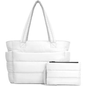 TOPDesign Puffer Tote Bag for Women, Lightweight Puffy Handbag with Compartments, Quilted Shoulder Bag for Work, Travel, Gym (Medium, White)