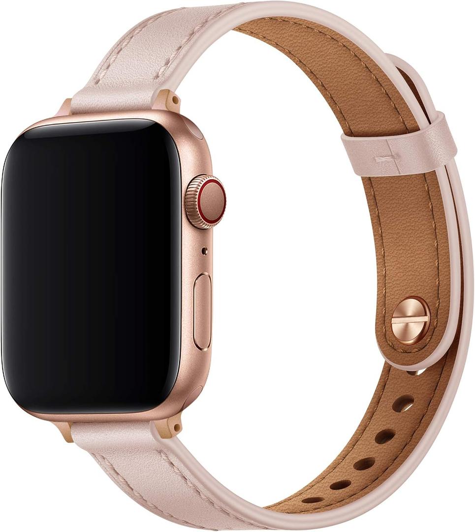 OUHENG Slim Bands Compatible with Apple Watch Band 46mm/49mm/45mm/44mm/42mm, Women Genuine Leather Thin Strap for iWatch Ultra 3/2/1, SE 3/2/1, Series 11 10 9 8 7 6 5 4 3 2 1 (Pink Sand/Rose Gold)