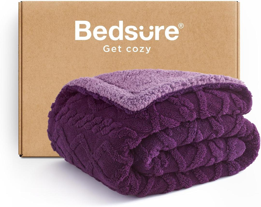 Bedsure Gentlesoft Sherpa Fleece Blanket Twin Size for Bed - Fluffy & Cozy Cable Jacquard Tufted for Women Gift, Thick and Warm Christmas Blanket for Winter, Purple, 60x80 Inches