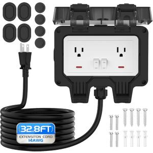 Outdoor Outlet Box with 32.8Ft Extension Cord, NEMA 5-15R, STW 14 AWG,IP66 Waterproof Power Outlet Extender with On/Off Switch & LED Indicator for Garden Yards& Outdoor Activity