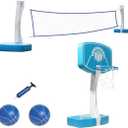 2-in-1 LED Pool Volleyball & Basketball Game Set, Light Up Pool Sport Combo Set with 13in Rim/2Balls/2 Base/Pump, Inground Swimming Pool Toy Game for Adults & Family