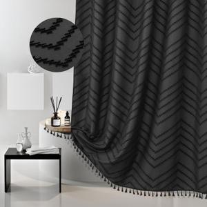 Extra Long Black Boho Shower Curtain with Tassel, Woven Fabric Shower Curtain, Tufted Chevron Striped, 72 x 78, Modern Chic Textured Minimalist Bathroom Shower Curtain