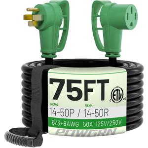 50 Amp RV/EV Extension Cord 75 FT Outdoor with Grip Handle, Flexible Heavy Duty 6/3+8/1 Gauge STW 4 Prong RV Power Cord Waterproof, NEMA 14-50P to 14-50R, Black-Green, ETL Listed.