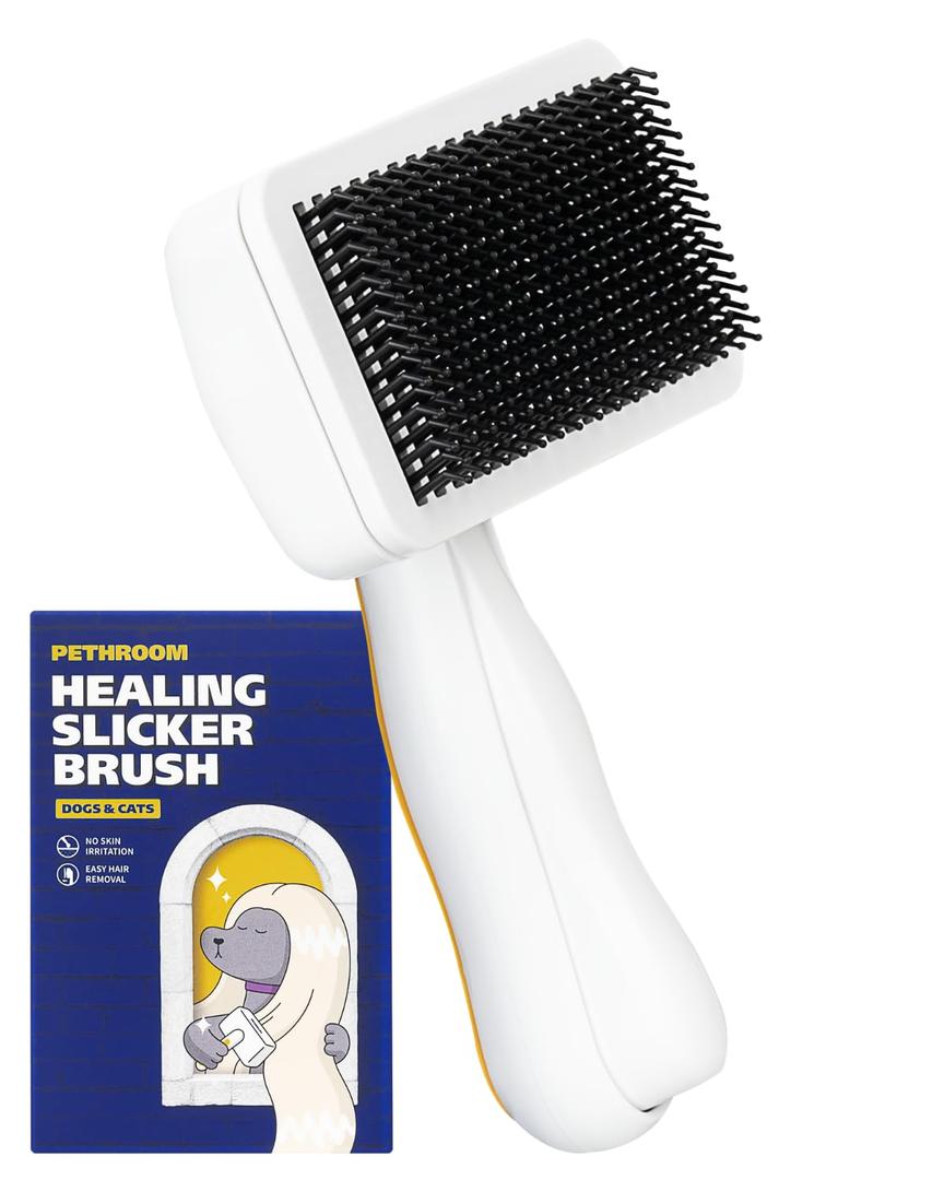 [PETHROOM] Healing Slicker Brush | Pet Brush | Dogs & Cats | Goldendoodle| Coated Tips for Gentle Grooming |Brush for Shedding | Long-Haired or Curly-Haired Dogs, White & Yellow