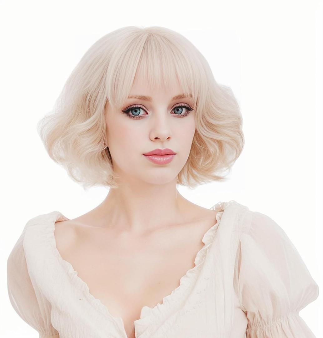 Rugelyss Short Curly Wavy Blonde Wig with Bangs Synthetic Hair Wigs for Women for Cosplay or Party, Blonde , 5.91 x 3.15 x 0.79 inches