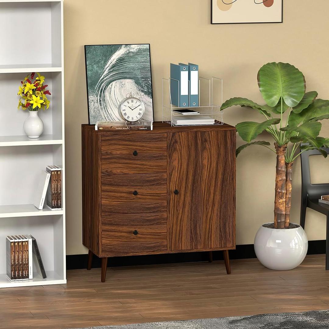 Nook & Trove Buffet Sideboard Walnut Finish  1 Door & 3 Drawer Dining Room Storage Cabinet  31.5" W x 15.75" D x 33.5" H Maryland