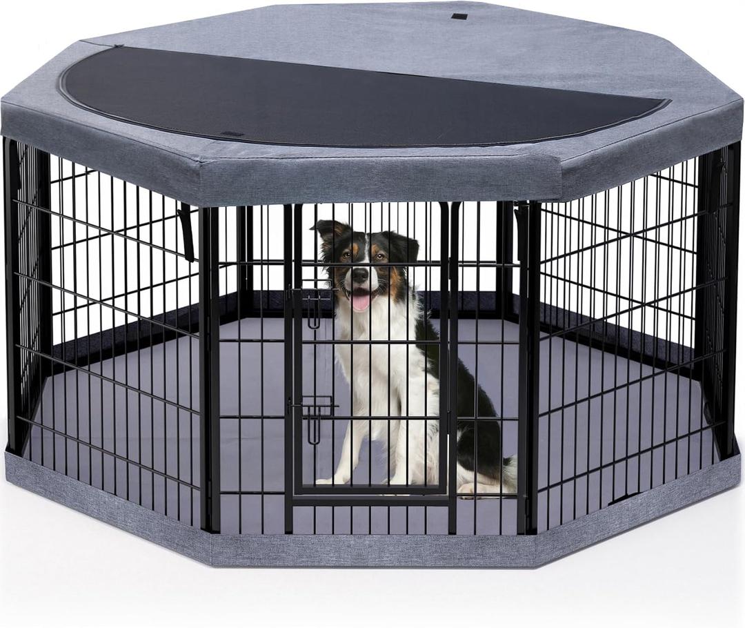 PETIME Dog Playpen,Metal Exercise Puppy Pen Heavy Duty Kennels Yard Fence Indoor/Outdoor 27" W x 32" H 8 Panels Dog Cage with Octagon Top Cover and Bottom Pad