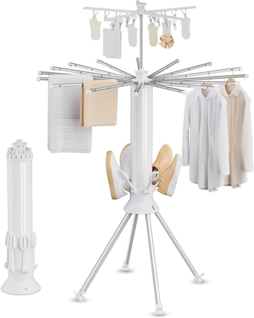 Clothes Drying Rack Foldable, 4-Legged Portable Drying Rack Clothing with 20 Clips, Shoe Dryer Rack, Outdoor Laundry Drying Racks with 4 Pulleys, Aluminum Hanging Dry Rack for Clothes,Socks,Towel