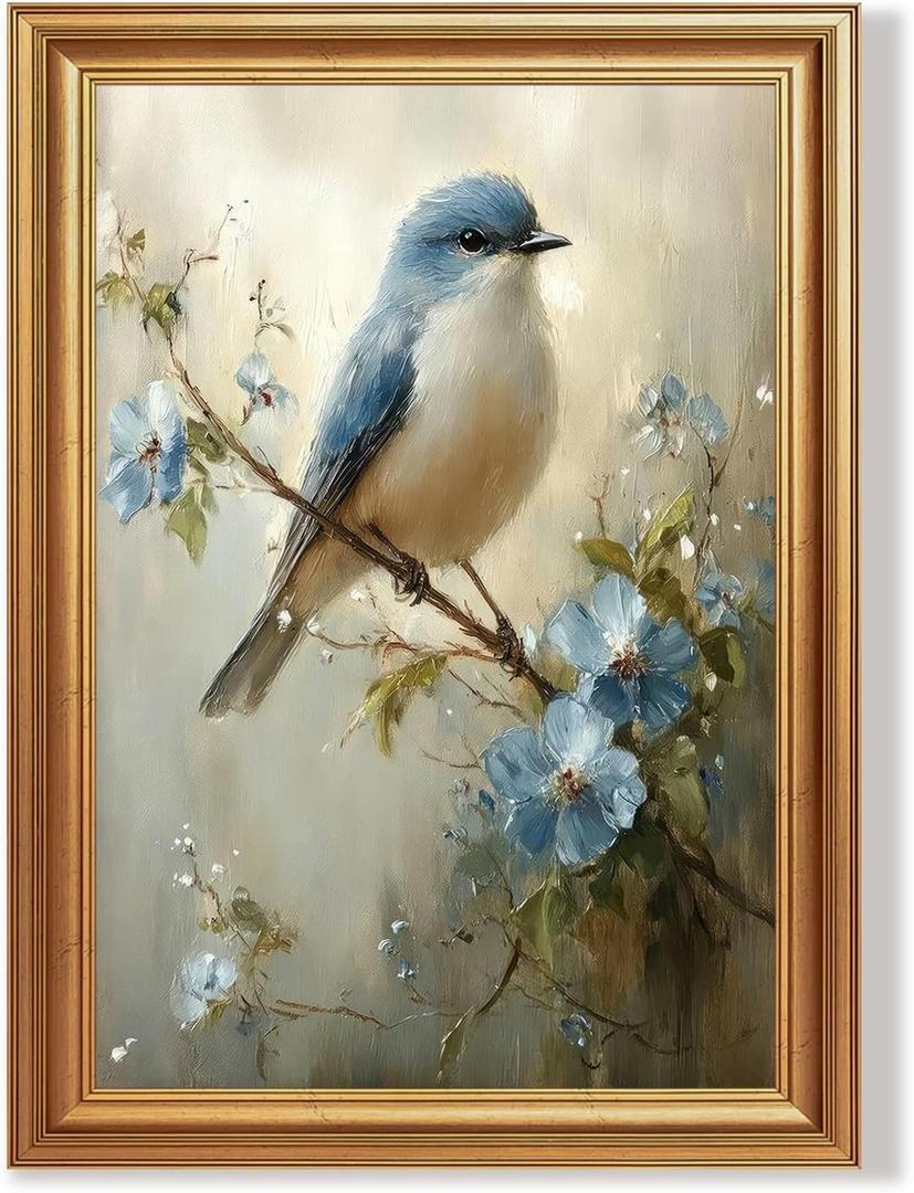 Wojuin Framed Vintage Blue Bird Floral on Branch Canvas Wall Art 16x24 inch | Gold frame, UV-resistant ink, Gicle printing process, Pre-installed hooks make it easy to hang home or office wall decor