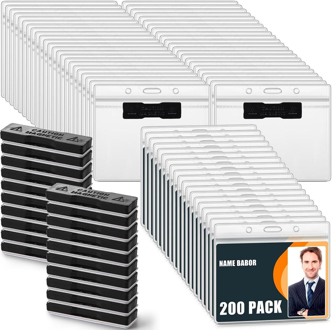Redbaker 200 Pack Magnetic Name Badge Holders Bulk 4 x 3 Clear PVC Horizontal ID Card Tag Waterproof Reusable Plastic Name Tag for Office, Convention, Exhibitor Event, Record, School, Classroom