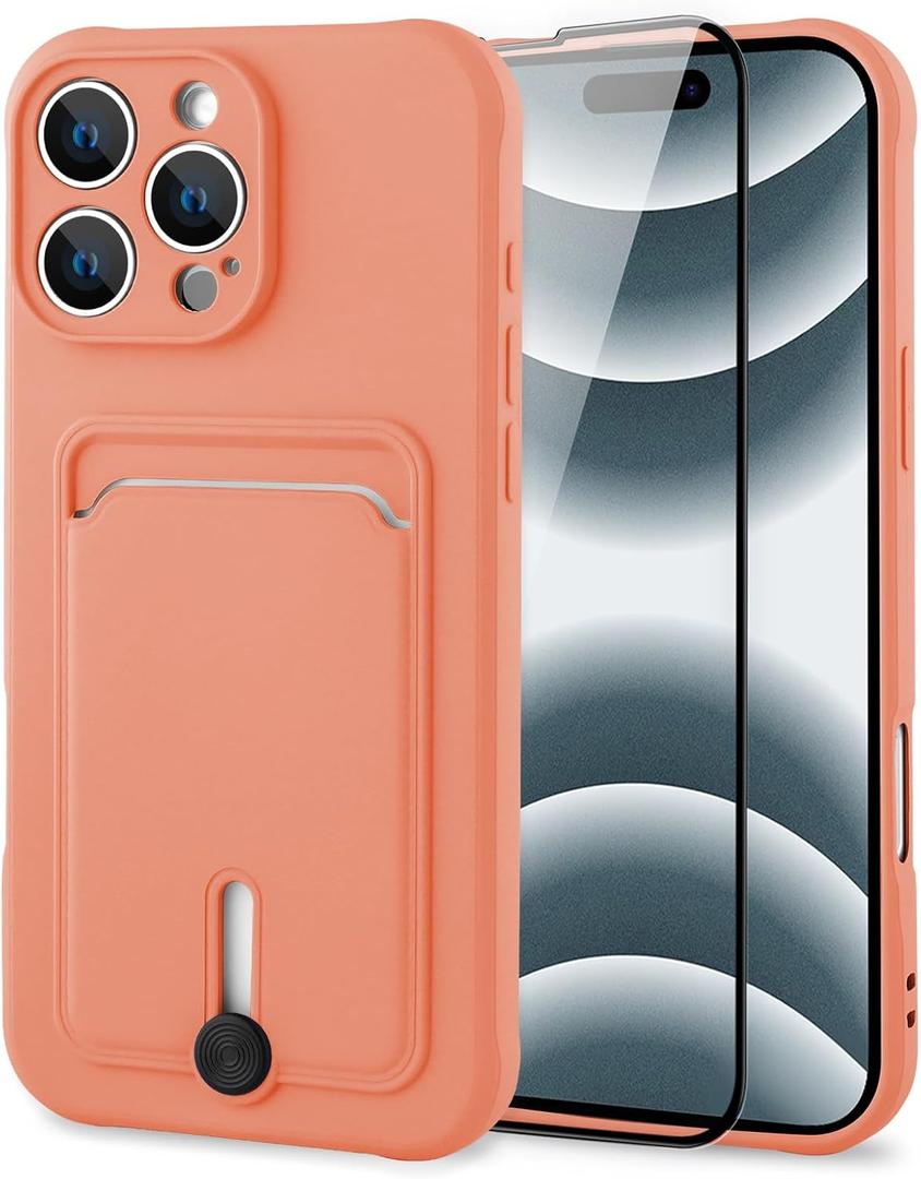 MZELQ TPU Wallet Compatible with iPhone 16 Pro Max Case, Card Holder Camera Protection Cover + Screen Protector, Push-able Slot for Girls Women -Pink