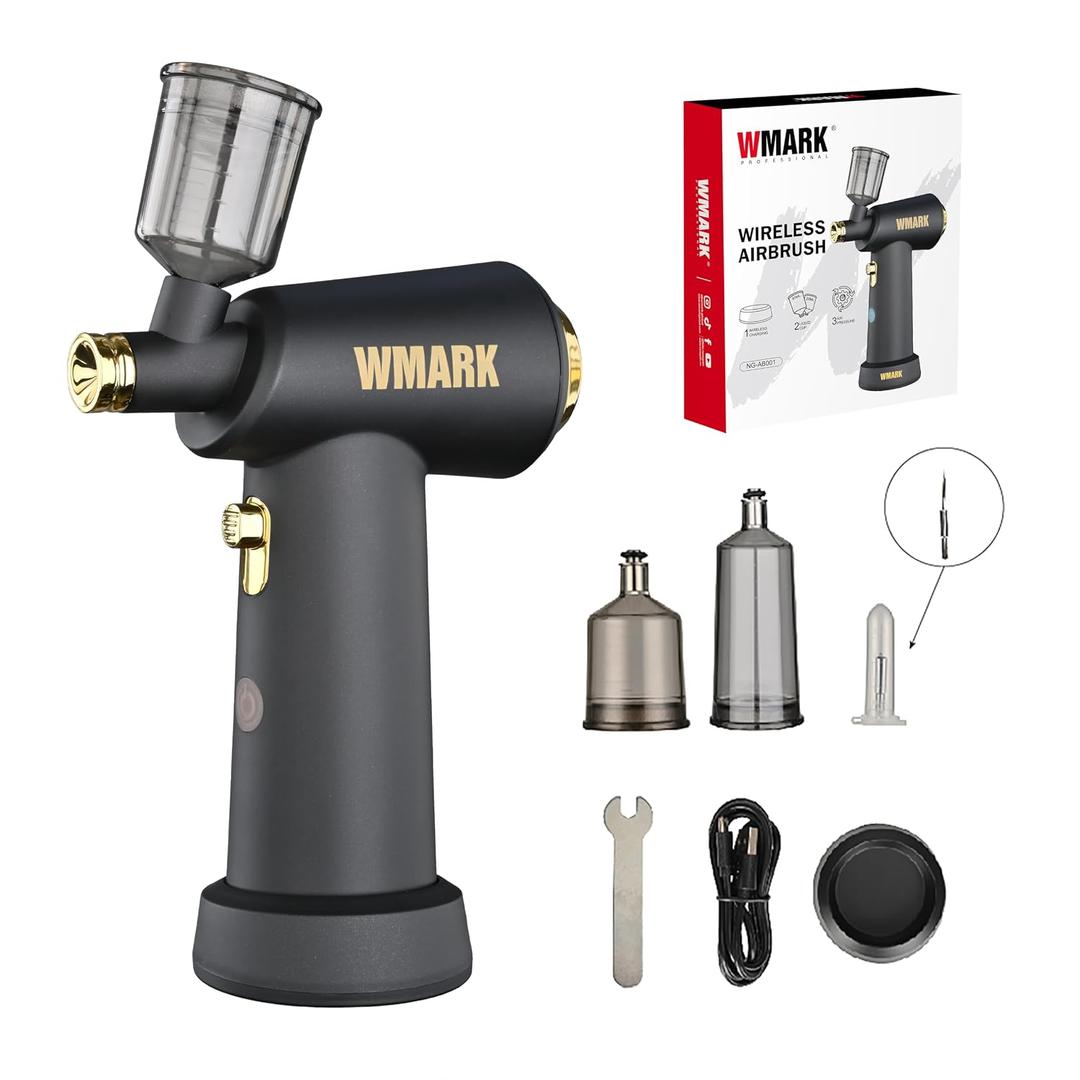 WMARK Professional Handheld Cordless Airbrush for Barber, Art & Painting - 3-Gear Air Pressure (18/21/25PSI) LED Light, Salon-Grade Precise Styling Tool, NG-AB001 (Black)