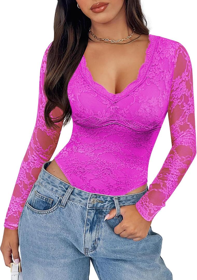 SAUNGKUAI Womens Sexy V-Neck Long Sleeve Bodysuit Double Lined Going Out Y2K Trendy Lace Body Suit Tops (Medium, Hotpink)
