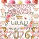 Holkcog 2026 Graduation Decorations, Pink Class of 2026 Congrats Graduation Floral Backdrop, Balloons, Paper Pompoms for Graduation Party Decorations, Outdoor Indoor College Grad Party Decorations