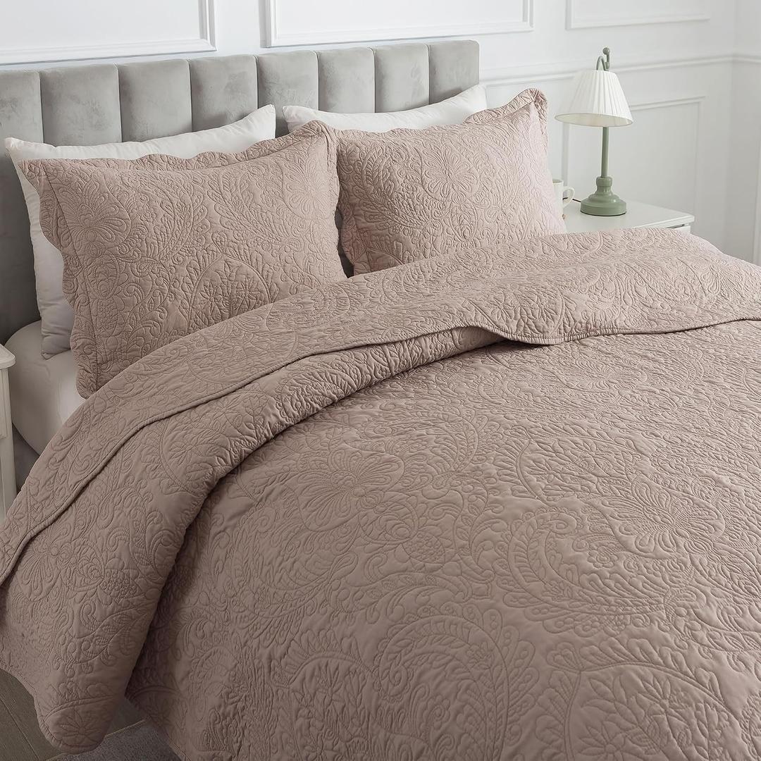 HoneiLife Quilt Sets King Size - Microfiber Bedspreads for King Bed, 3-Piece Lightweight Coverlets, Retro Bedlinen Sets, King Quilt Bedding Set All Season Use-Dark Khaki