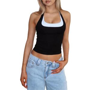 Women's Halter Neck Sexy Top Y2K Color Block Cropped Tank Workout Going Out Sleeveless Backless Summer Camisole, Black Large
