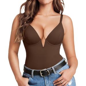 Popilush Shapewear Bodysuits for Women - Tummy Control Body Suits for Womens Deep V Corset Tops Thong Concert Outfits (Brown, S)