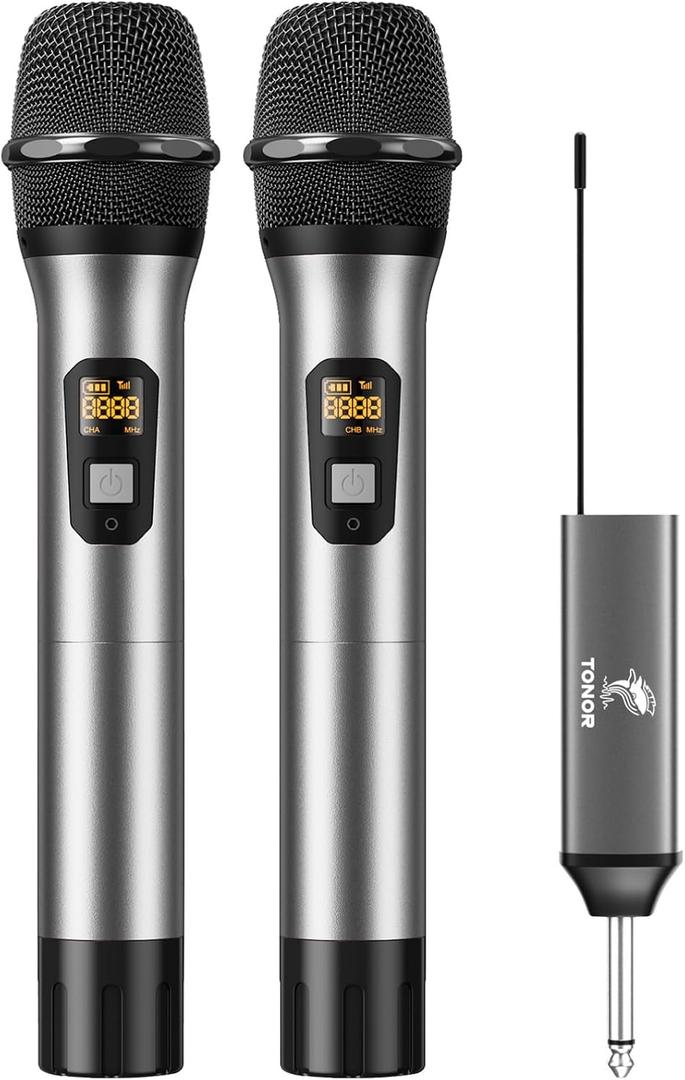 TONOR Wireless Microphone, UHF Dual Cordless Metal Dynamic Mic System with Rechargeable Receiver, for Karaoke Singing, Wedding, DJ, Party, Speech, Church, Class Use, 200ft (TW630), Gray (Silver)