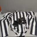 CosplayDiy Women's Black White Striped Jumpsuit Adult Sexy Bodysuit Cosplay Costume (Large)