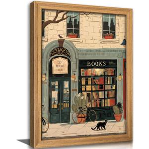 Framed Vintage Book Wall Art Bookstore and Black Cat Painting Canvas Prints Cozy Bookshop Library Bookish Picture Wall Decor Bookworm Reading Nook Poster Artwork for Living Room Bedroom Office (10"L x 8"W)