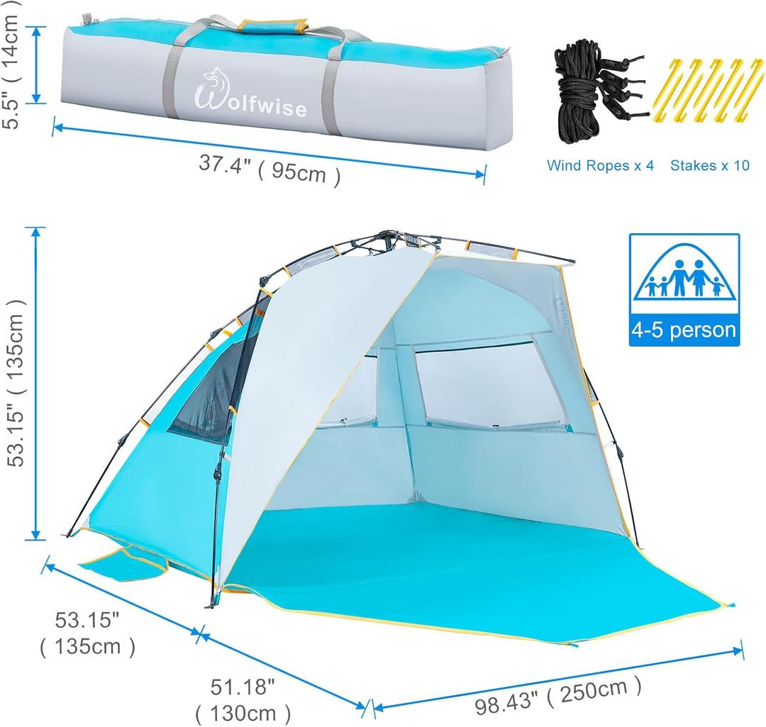 WolfWise 4-5 Person Easy Up Beach Tent UPF 50+ Portable Instant Sun Shelter Canopy Umbrella with Extended Zippered Porch, Blue,XL