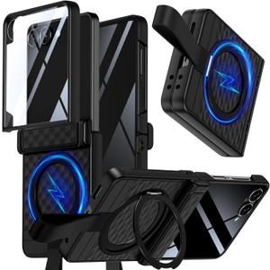 TIANNIUKE for Samsung Galaxy Z Flip 7 Case with Screen Protector,360Rotatable Magnetic Ring Holder Stand with Silicone Strap,Fit for MagSafe [Non-Slip] Hinge Protective Phone Cases 3 (Black)