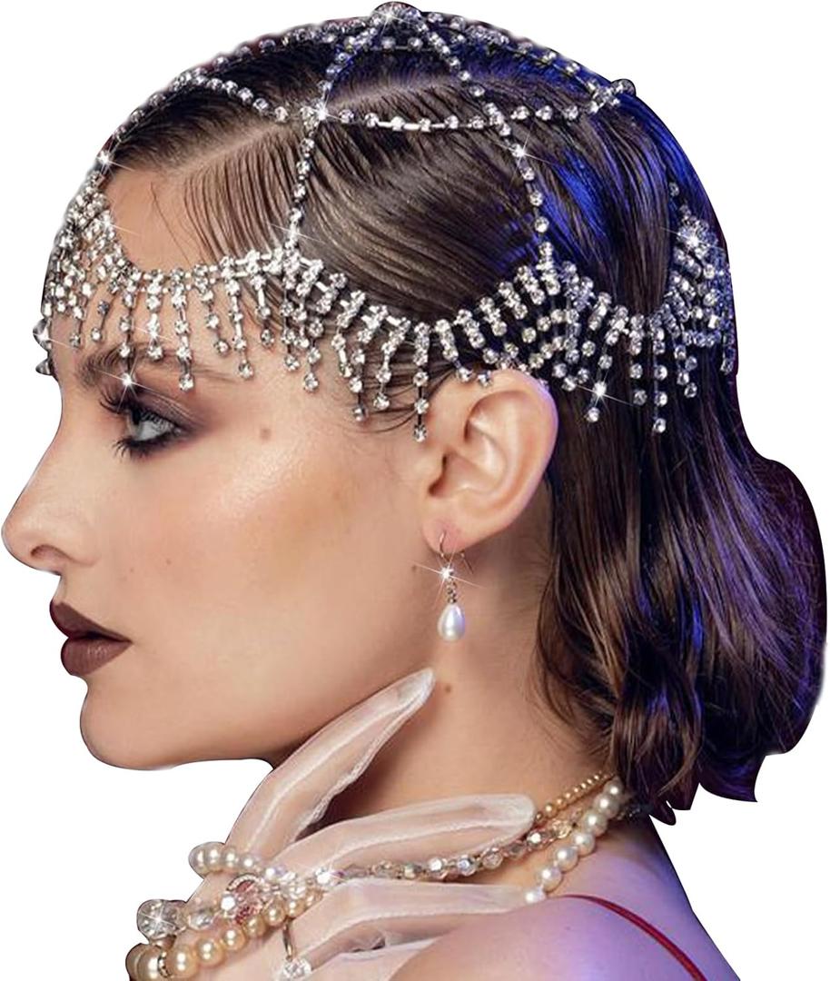 NAISKA 1920s Headpieces Rhinestone Mesh Cap Headchain Wedding Head Accessories Crystal Headband Brides Prom Costume Head Chain Vintage Style Festival Halloween Prom Costume Hair Accessories (Silver)