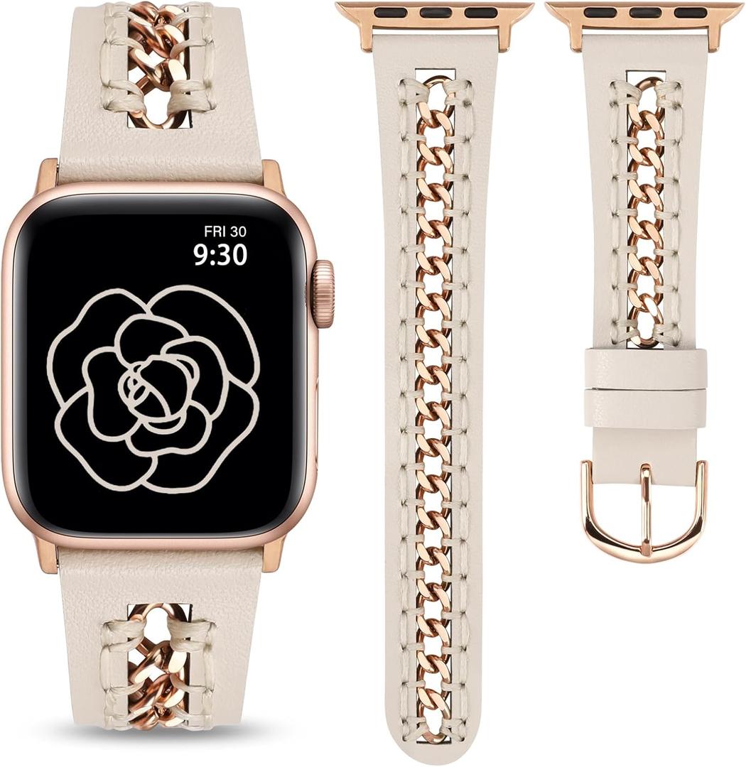 Minyee Leather Band Compatible with Apple Watch Bands 38/40/41/42/44/45/46/49mm Women,Dressy Premium Leather Strap with Stainless Steel Metal Chain for iWatch Ultra 2 Series 10/9/8/7/6/5/4/3/2/1/SE (Starlight/Rose Gold)
