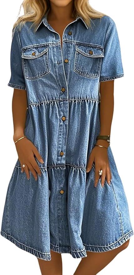 Women Summer Casual Button Down Midi Denim Shirt Dress Cute Distressed Tiered Ruffle Jean Dress S