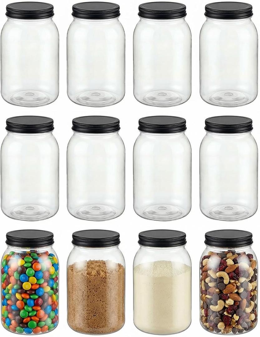 novelinks 32 oz Plastic Mason Storage Jars with Lids, 12 Pack BPA-Free Clear Plastic Jars with Lids 32oz, Leak-Proof Plastic Quart Containers for Kitchen and Home Use (Black)