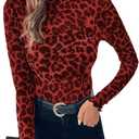 WDIRARA Women's Sheer Leopard Print Lettuce Trim Top Mock Neck Long Sleeve T Shirt Mesh Crop Tops (Large, Burgundy)