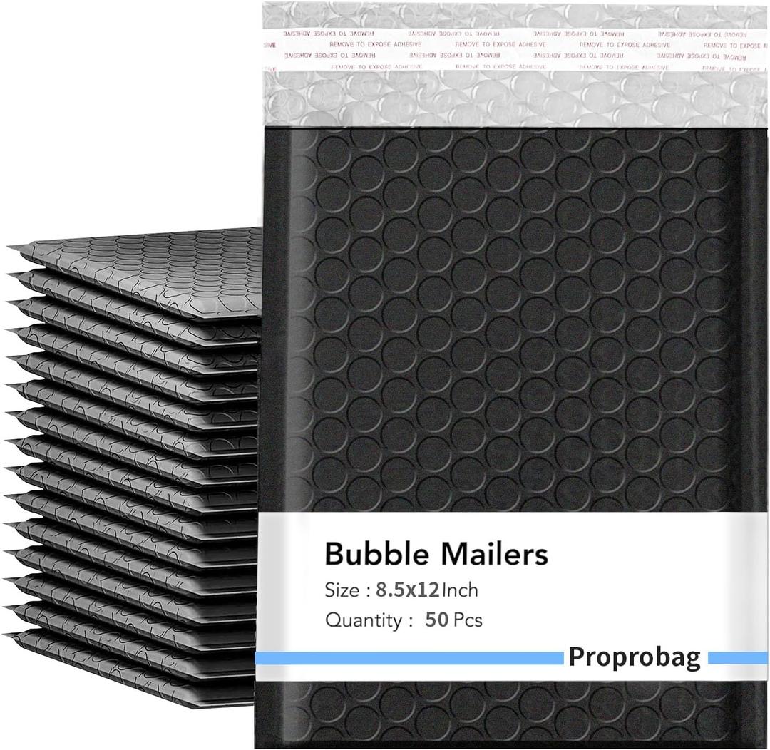 8.5 x 11 Bubble Mailers 50 Pack - Outer Size 9x12 Heavy Duty Black Padded mailer with Self Seal, Waterproof Shipping Envelopes, Bubble Wrap Protection for Ecommerce, Non See Through